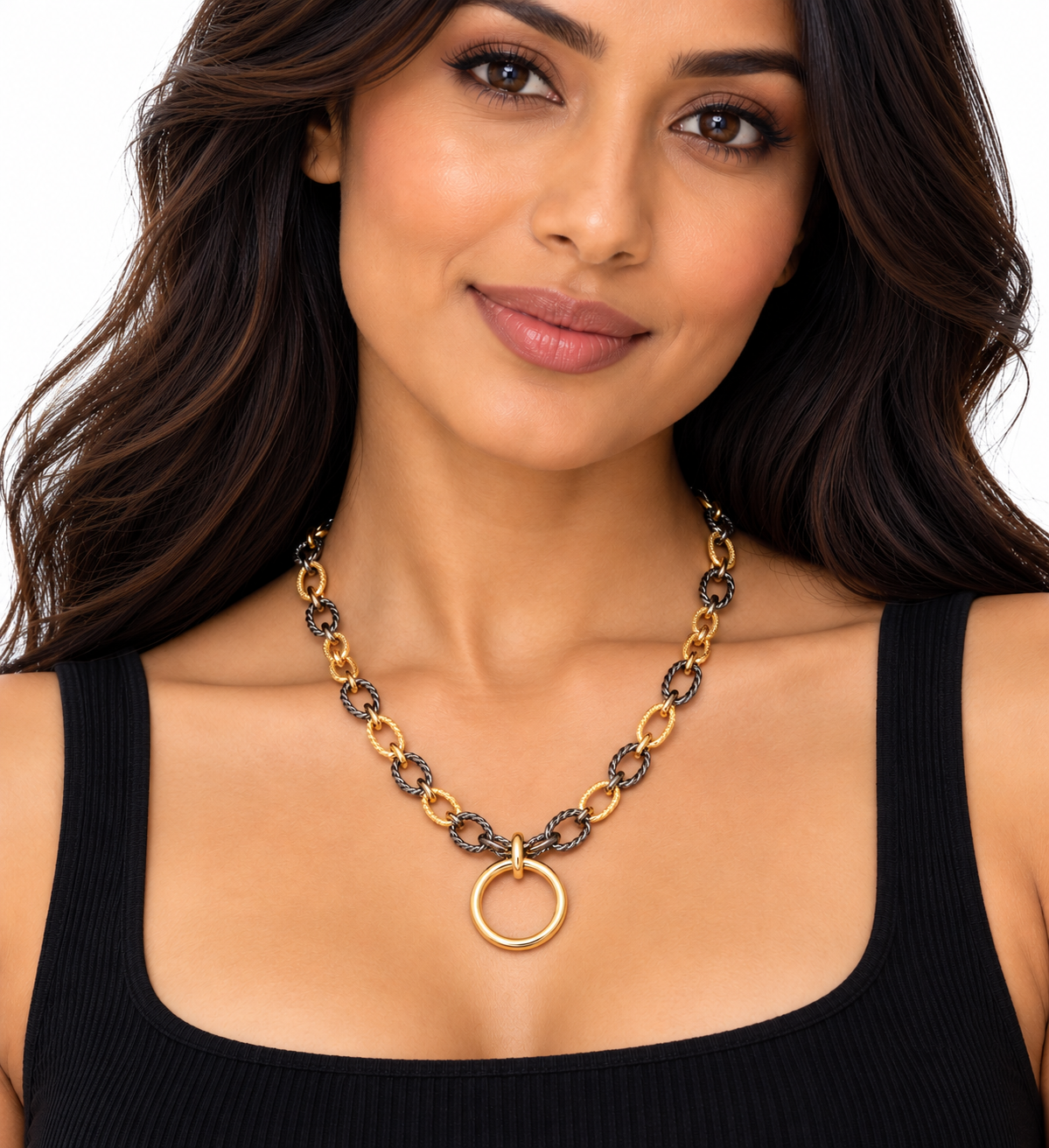 Golden Edge Mixed Metal Circle Pendant Necklace