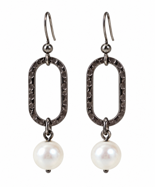 Pearl Drop Hammered Oval Earrings