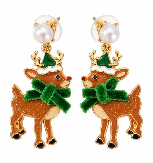 Festive Reindeer Pearl Drop Earrings