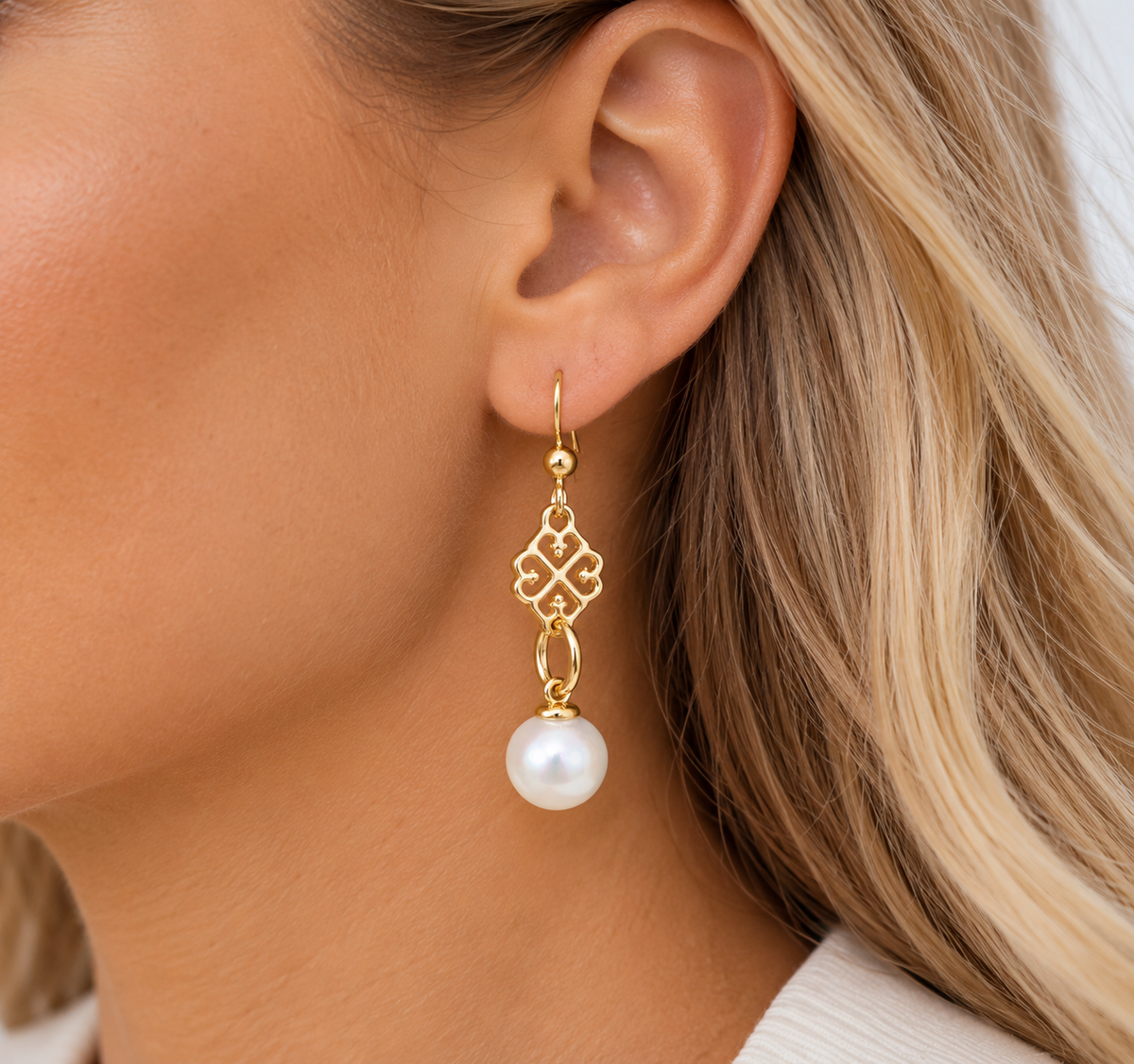 Gold Filigree Pearl Drop Earrings